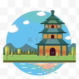 中国风建筑装饰节气山水塔PNG风景