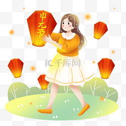 祈愿孔明灯图片_中元节女孩放孔明灯祈愿素材