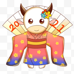 日本新年穿着粉红色和服的牛