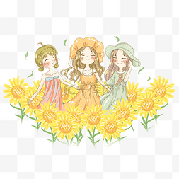 花海唯美图片_夏日向日葵女孩度假唯美插画PNG