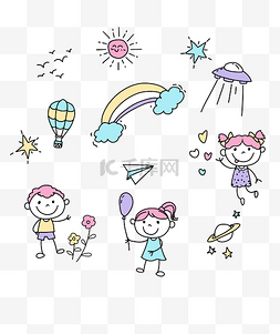 热气球卡通儿童图片_线描儿童涂鸦插画