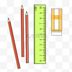 尺子图片_手绘矢量铅笔尺子橡皮组合