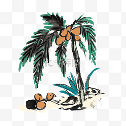彩色水墨图片_夏天椰树海滩椰子手绘
