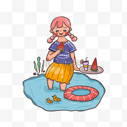 夏天卡通可爱女孩泳池边吃西瓜解