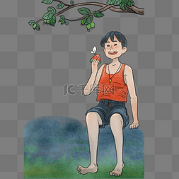 小暑西瓜树图片_树下男孩开心的吃西瓜