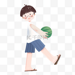 抱水果的男孩图片_彩色抱着西瓜的男孩插画