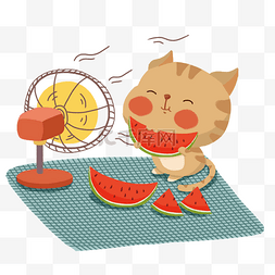 卡通风扇图片_卡通夏天猫咪吃西瓜场景