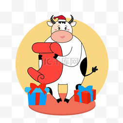 手绘卡通圣诞牛礼物盒插画