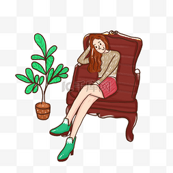 卡通盆栽图片_手绘插画坐着椅子的少女PSD源文件
