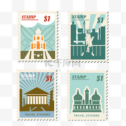 信件卡通图片_卡通旅游城市邮票