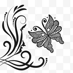 黑色手绘线条蝴蝶花卉植物