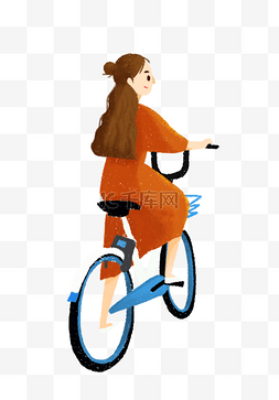 手绘插画郊游图片_骑自行车的女孩