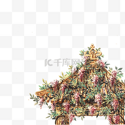 中国古典建筑亭子装饰紫藤花