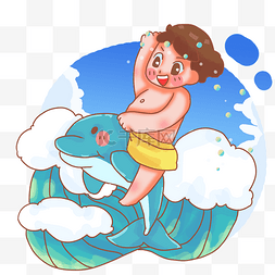 坐在海豚上的泳衣男孩