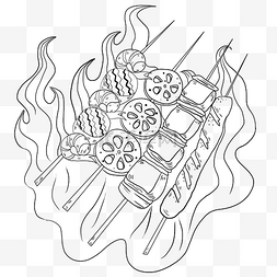 烤肠奶茶图片_国风线描美食烤串