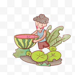 啤酒烧烤卡通图片_夏季小男孩开心吃西瓜