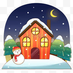 圣诞节夜晚的小屋和雪人圣诞夜