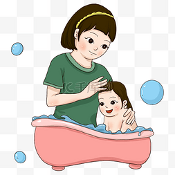 母亲节手绘图片_母亲节手绘插画风绿色粉色洗澡泡