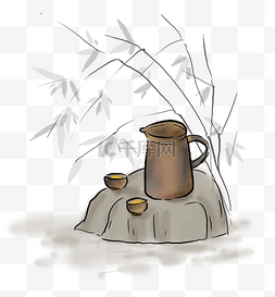 古风水墨竹子和茶壶