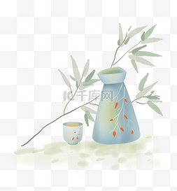 淡彩古风日式酒壶和竹子
