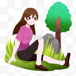 草坪踏青游玩图片_春游坐在草地上的女孩插画
