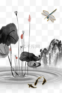 中国风荷花 蜻蜓灰色水墨装饰画