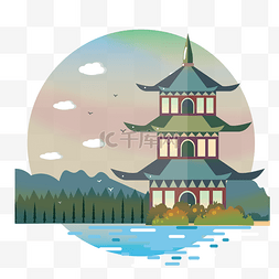 中国风山水建筑塔山水节气装饰PNG