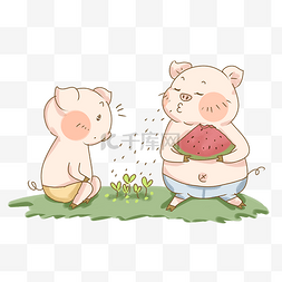猪吃西瓜图片_夏天有趣吃西瓜与小绿苗插画PNG