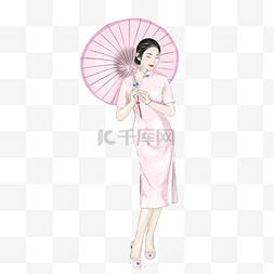 38三八女神节古典粉色旗袍撑伞女
