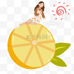 坐在荷叶上女孩图片_夏天小女孩坐在柠檬上手绘插画
