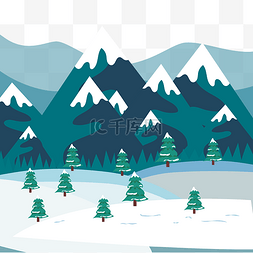 蓝绿色雪山和松树扁平
