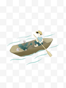夏季划船摘莲蓬的小孩