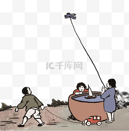 中国风古风儿童玩耍放风筝