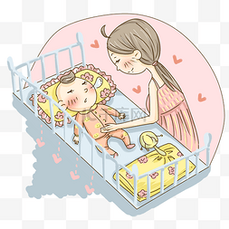 温柔的母亲与安睡的小宝宝插画PNG