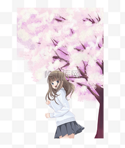 樱花雨图片_手绘卡通樱花树下的女孩免扣元素