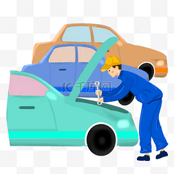 汽车海报图片_卡通风格正在维修汽车的工人