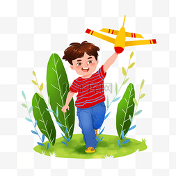 六一儿童节草地上玩飞机的孩子