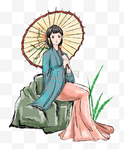 埃及版画图片_手绘水墨风江南美女