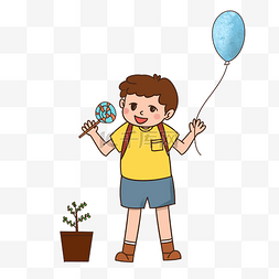 卡通小男孩气球图片_儿童节吃棒棒糖拿气球的小孩
