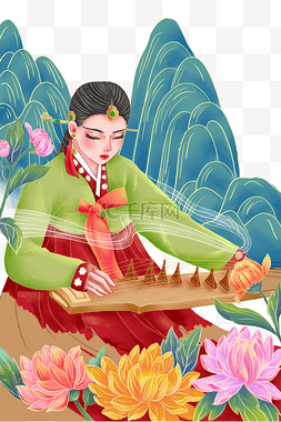 弹琴名族风图片_朝鲜族女子弹琴场景