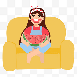 夏季坐在沙发上吃西瓜的女孩
