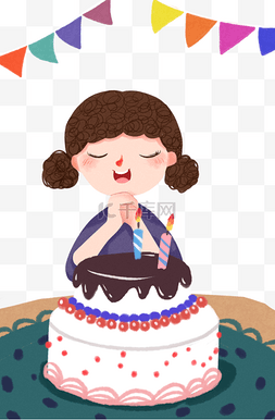生日快乐的图片_手绘卡通彩旗下许愿的女孩过生日