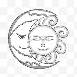 太阳月亮手绘图片_黑色月亮太阳线条手绘插画
