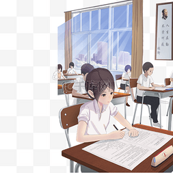 卡通女孩在课桌上写字