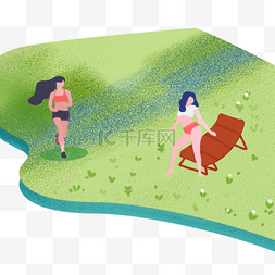 城市奔跑人物图片_在草坪上玩耍的卡通美女