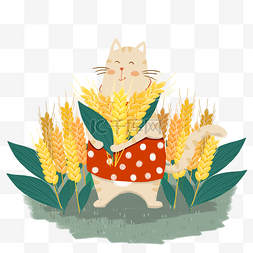 卡通猫咪抱着小麦的大满节气图
