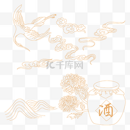 重阳节图片_重阳仙鹤菊花线描矢量图