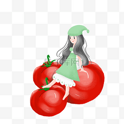 水果手绘卡通女孩图片_简约坐在西红柿上的女孩插画海报