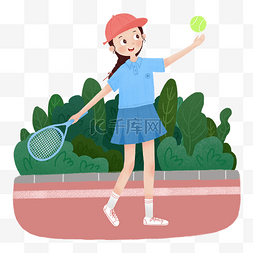 蓝色网球拍图片_运动打网球的女孩插画