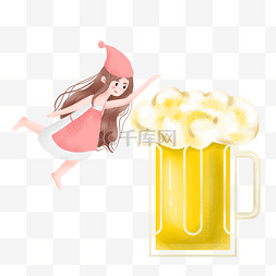啤酒简约图图片_简约做啤酒的女孩插画海报免抠元